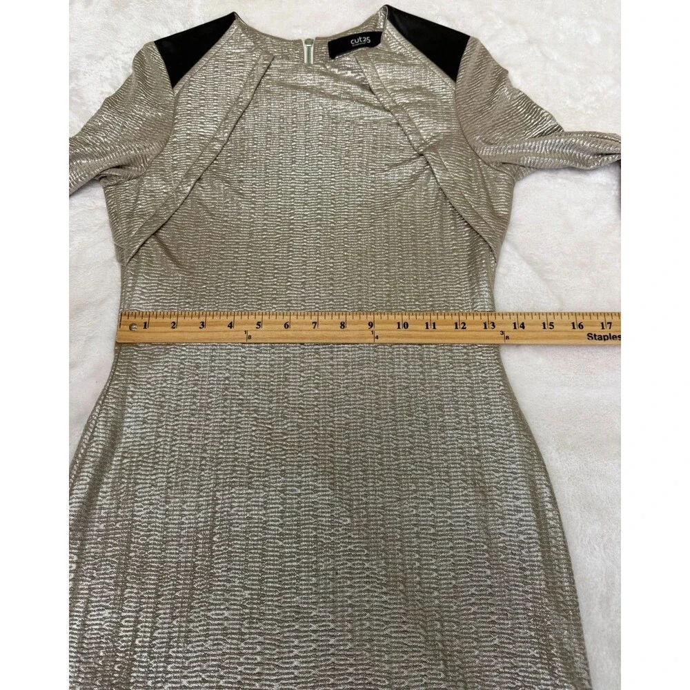 Cut25 Yigal Azrouël Gold Metallic Textured Dress Lambskin Trim Long Sleeve S